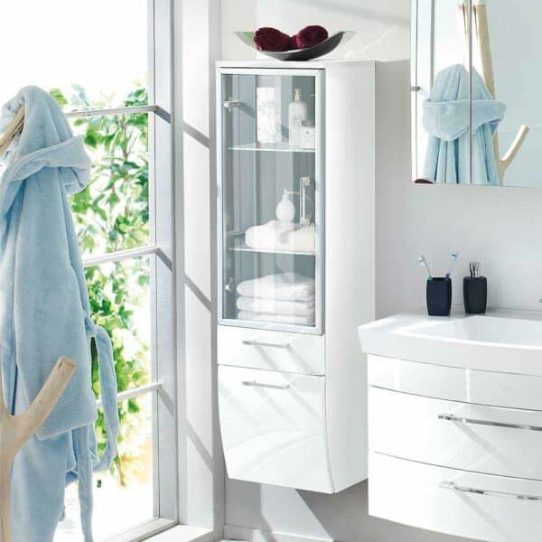 Badezimmer Hochschrank mit Glastür Weiß Hochglanz