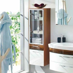 Badezimmer Hochschrank mit Glastür Hochglanz Weiß Walnuss